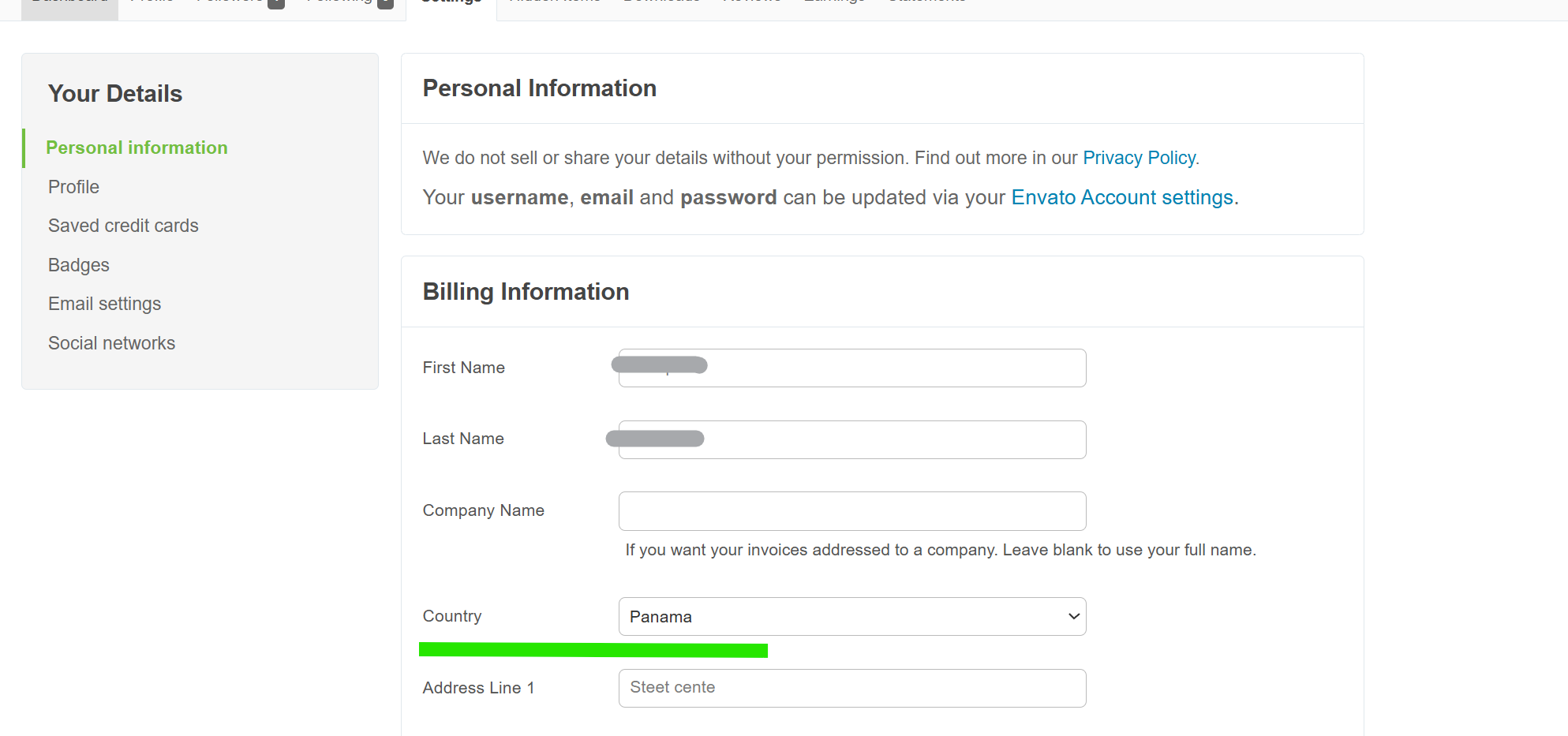 Codecanyon billing country settings