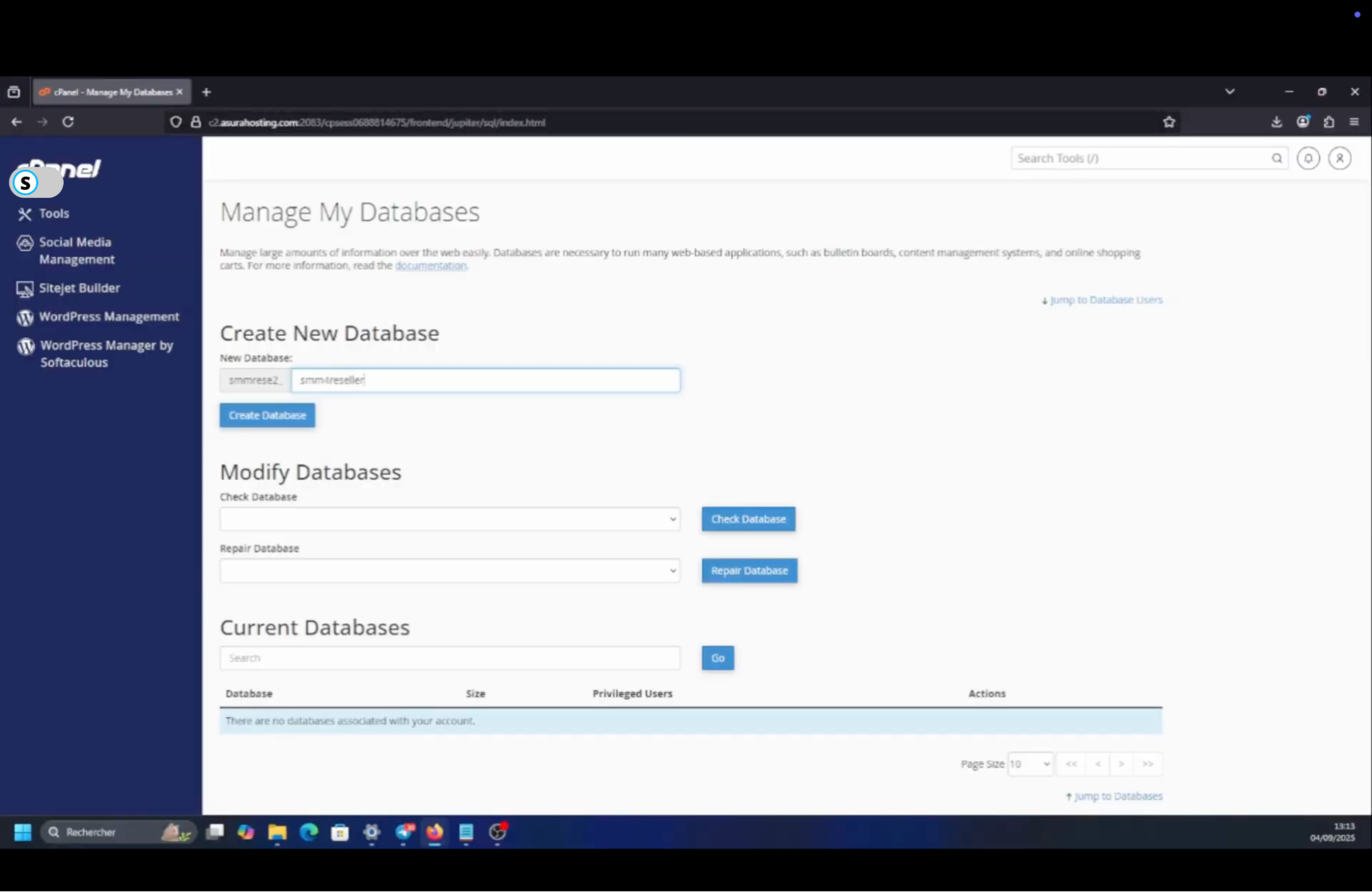 Create a new database in cPanel