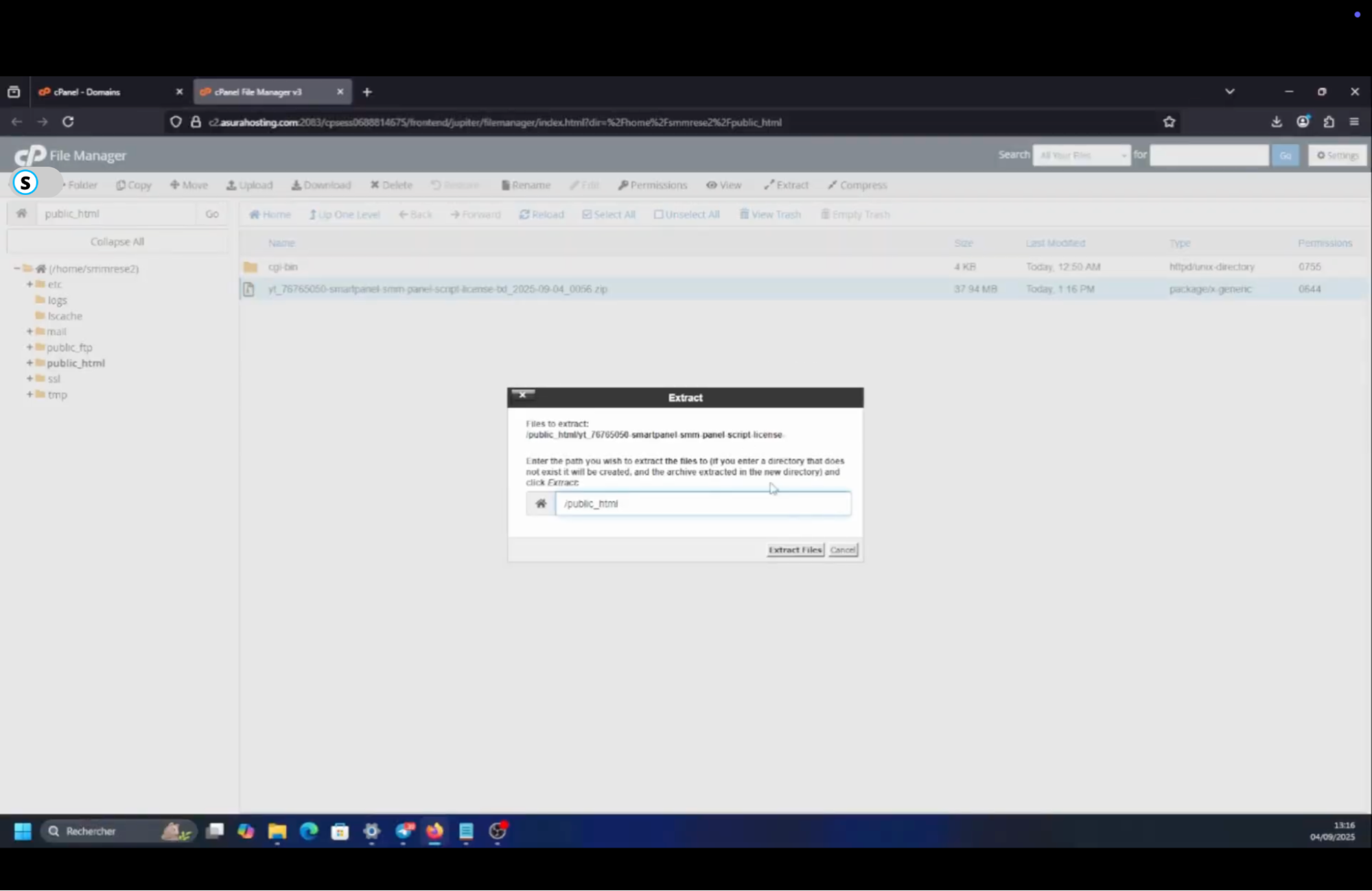 Extracting the SmartPanel zip in cPanel